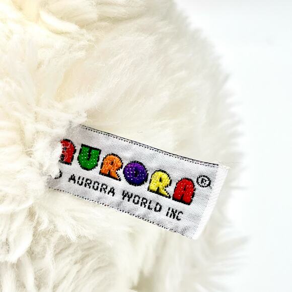 Aurora World White Fluffy Dog Plush Sitting Freckles Pink Tongue Purple Ribbon - Picture 7 of 10